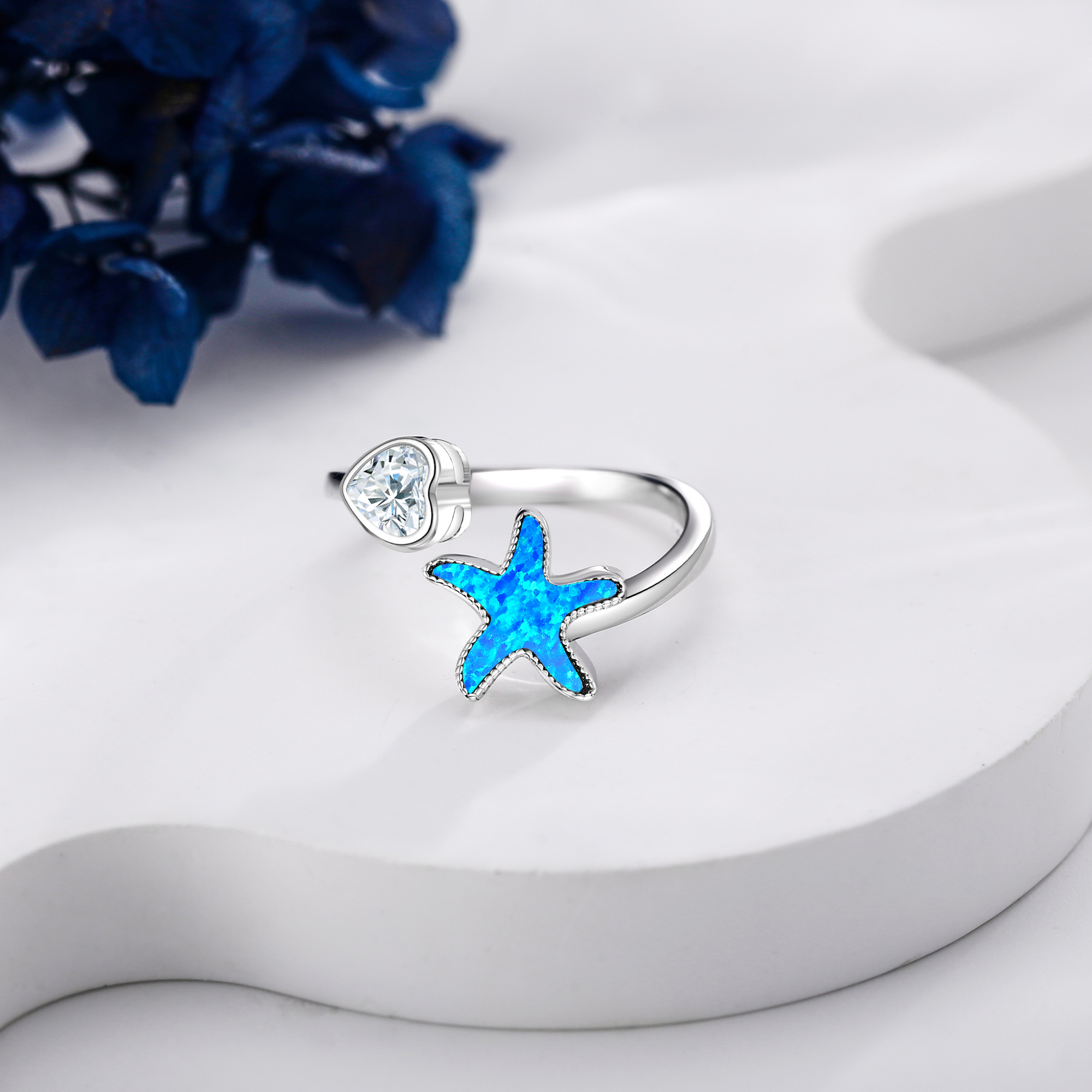 Starfish Ring Sterling Silver Opal Ocean Starfish Jewelry